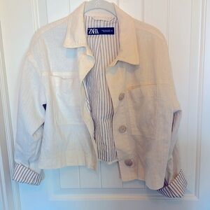 Zara Cropped White Linen Blazer with Stripped Lining